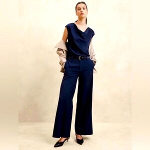 NEW Banana Republic navy linen pleaded wide leg trouser